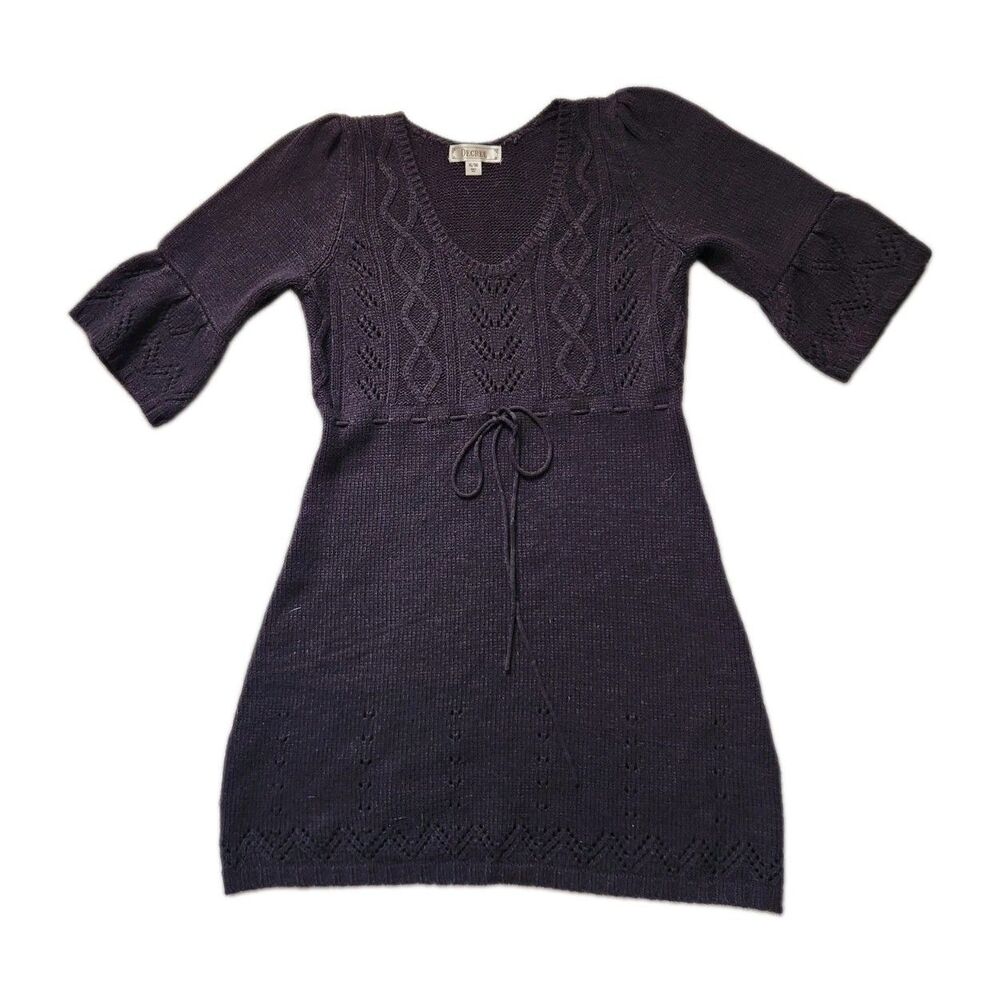 VTG Y2K Decree Black Knit Dress Tie Waist 3/4 Bell Sleeve Knee Length XL EUC